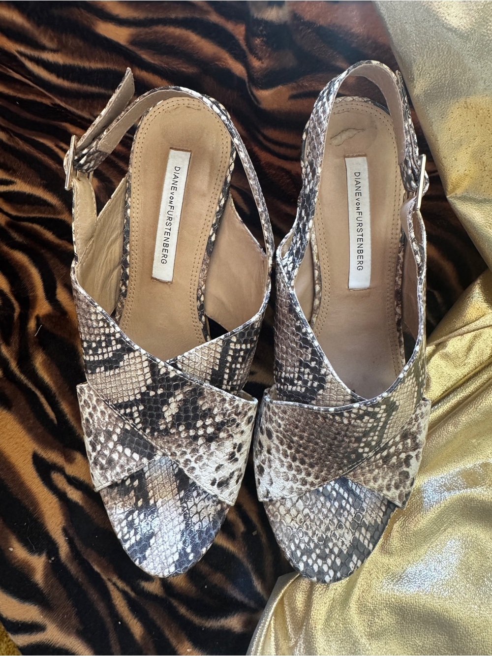 Diane Von Furstenberg Taupe and Black Snake-Print Slingback Sandals